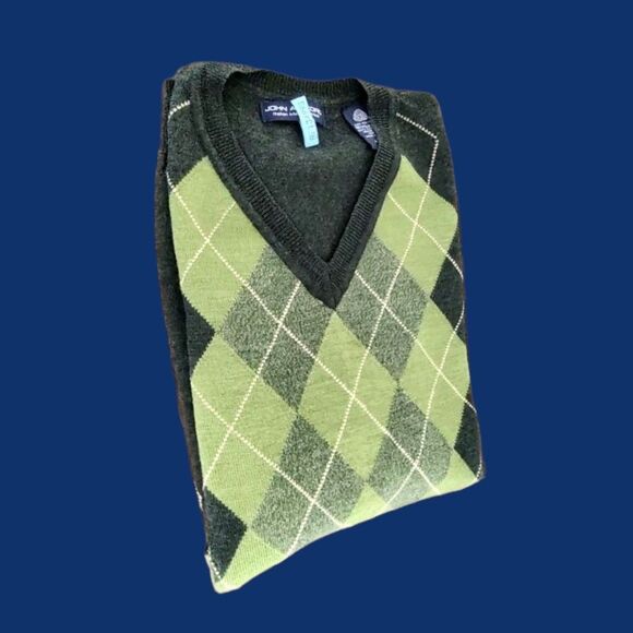 John Ashford Sz LG Vintage Green Argyle Golf Sweater V-Neck Italian Merino Wool - Picture 4 of 9